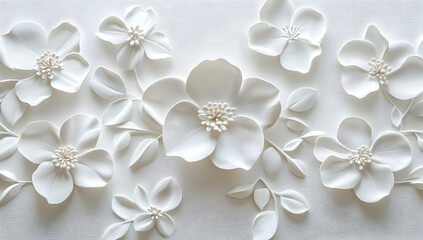 Delicate white floral embossed pattern with intricate petal details on a textured background creating a soft and elegant design