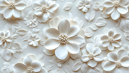 Delicate white floral embossed background with intricate petal details and subtle pearl accents creating an elegant texture