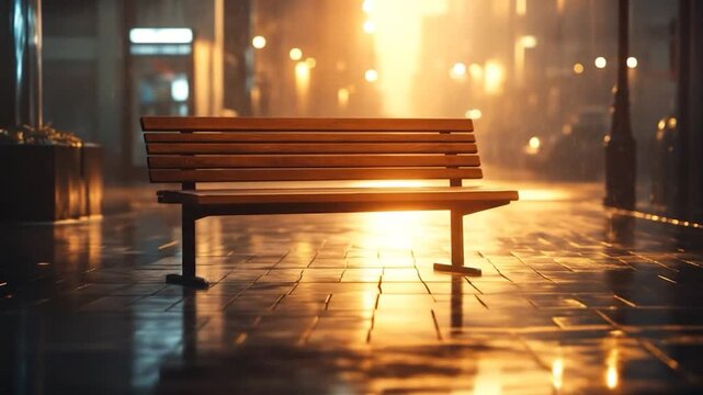 Empty wooden bench on a wet city street under warm lights