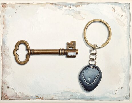 Antique key and sleek remote keychain rest on a textured, watercolor-edged surface