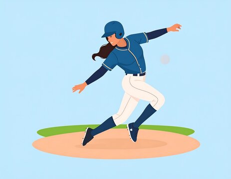 Animated woman pitching a baseball on field with pale-blue background and green field