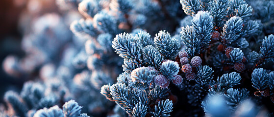 Macro shot of frosty pine needles covered with snow and ice. Natural winter beauty creating peaceful Christmas atmosphere and fresh seasonal mood.