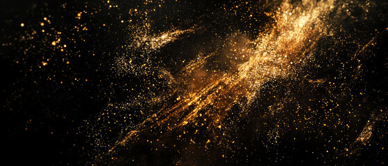 Golden glitter, shimmer, and glowing particles on dark background. Elegant festive Christmas and New Year backdrop with luxury sparkle and starry dust.