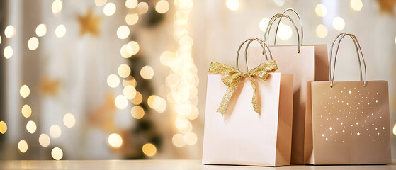 Golden wrapped gifts on bright background with warm light. Christmas celebration symbolizing giving, joy, and New Year festive decoration.