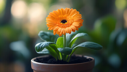 Close up of a vibrant orange gerbera daisy blooming in a terracotta pot with soft green foliage in the background