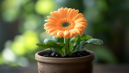 Vibrant orange gerbera daisy blooming in a terracotta pot with soft green bokeh background symbolizing growth and beauty