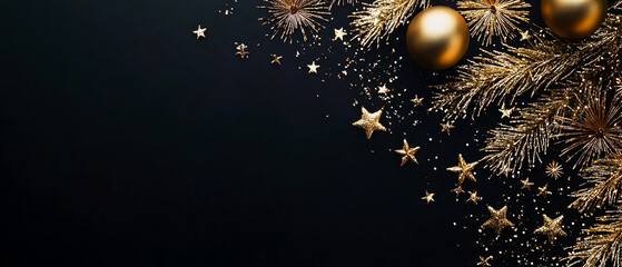 Golden Christmas decor with branches, baubles, and confetti on dark background. Flat lay mockup for New Year and Christmas festive design projects.