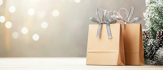 Minimalist composition with gifts and Christmas ornaments on bright neutral background. Modern winter decor in calm tones for elegant festive design.