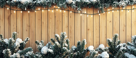 Mockup with wooden fence decorated with snowy pine branches and garland. Cozy Christmas background symbolizing winter holiday and festive home decor.