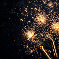 Golden fireworks, sparkles, and sparklers on black background. Festive Christmas and New Year mockup symbolizing joy, brightness, and holiday magic.