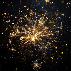 Golden firework or sparkler explosion on dark textured background. Abstract festive glow symbolizing Christmas and New Year celebration.  greeting cards, design, or advertising.