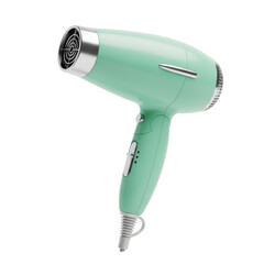 3d stylish mint green hair dryer isolated on transparent background, blending retro charm with modern functionality for perfect styling