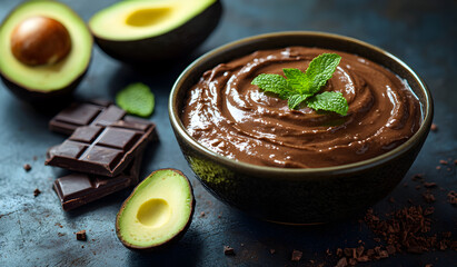Delicious homemade chocolate avocado mousse garnished with fresh mint leaves in a bowl with ripe avocados and dark chocolate pieces