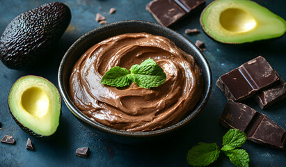 Deliciously creamy chocolate avocado mousse garnished with fresh mint leaves presented in a bowl with dark chocolate chunks and ripe avocados