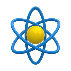 3d icon of blue atom model with yellow nucleus isolated on transparent background