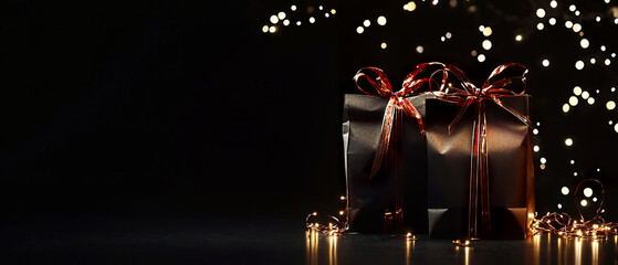 Cozy dark Christmas mockup with wrapped gifts, warm lighting, sparkling garlands, and a moody festive atmosphere. Holiday campaigns, product presentation, and seasonal home decor visuals.