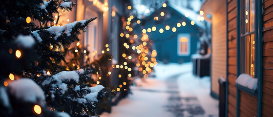 Charming winter street in a small Christmas town with decorated houses, festive trees, and warm evening lights. cozy holiday lifestyle and seasonal urban atmosphere for tourism or celebration graphics