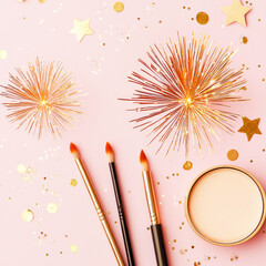 Flat lay with pink background, sparkling glitter, gifts, and ribbons. Feminine Christmas composition for beauty, cosmetics, and holiday branding. modern festive card or mockup.