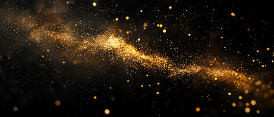 New Year background with flowing golden glitter wave and glowing bokeh lights on black surface. Festive light particles creating dynamic Christmas mockup for design, ads, or celebration visuals.