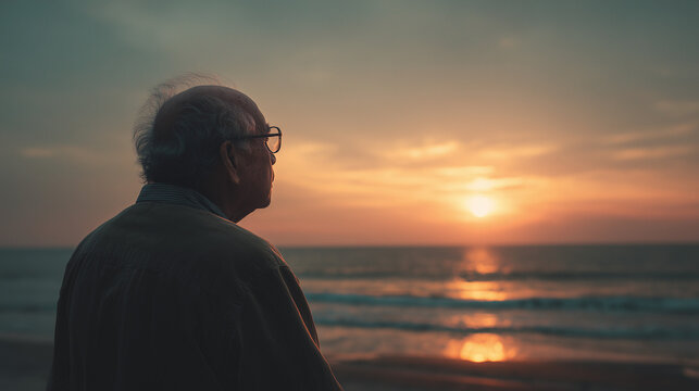 Elderly man contemplating sunset on the beach by the ocean   - Powered by Adobe