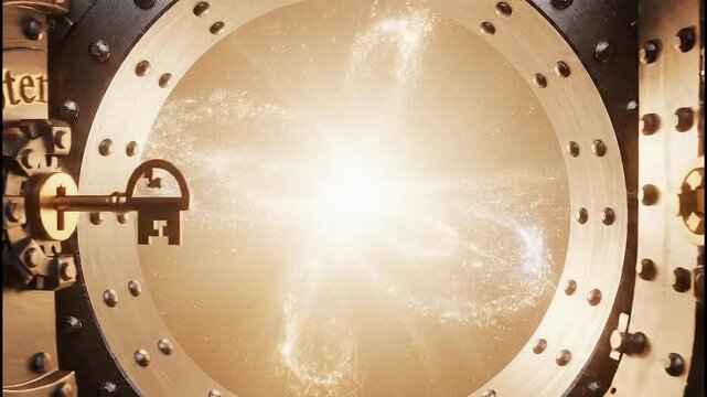 Potential text above vault door with golden key unlocking a gear mechanism in close up view