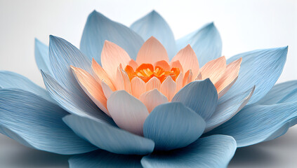 Close up macro shot of a delicate lotus flower with soft pastel blue petals and a glowing orange center