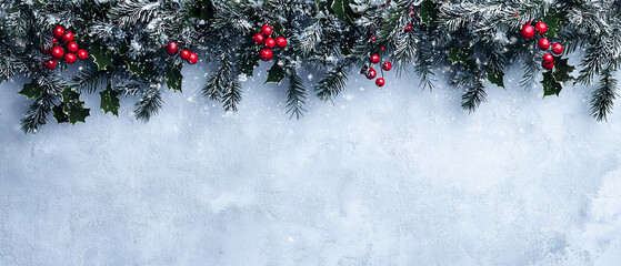 Snowy Christmas composition with fir branches, holly leaves, red berries, and light snow on a white background. Festive holiday decoration. Christmas frame and pine border for seasonal use.