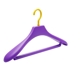 3d purple clothes hanger with a yellow hook isolated on transparent background, casting a soft shadow