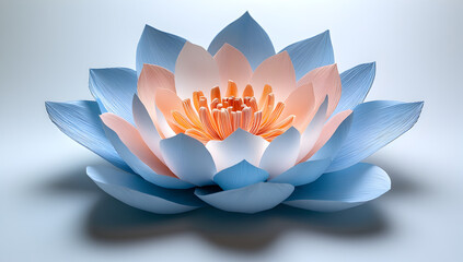 Serene and luminous lotus flower with delicate blue and peach petals glowing with inner light