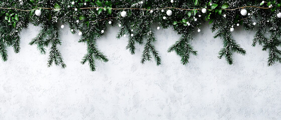 Minimalist Christmas composition with fir branches and warm fairy lights on white concrete background. Winter mockup  for greeting cards, invitations, or branding projects.