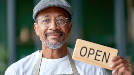 Senior barista with open sign smiling