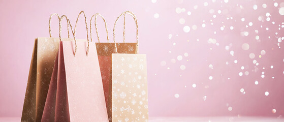 Minimalist Christmas banner with pink background, craft gifts, glitter, and bokeh. Elegant festive mockup with copy space  for greeting cards, branding, or seasonal marketing design.