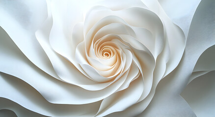 Macro photograph of a delicate white rose with spiraling petals revealing a soft warm center symbolizing purity and beauty