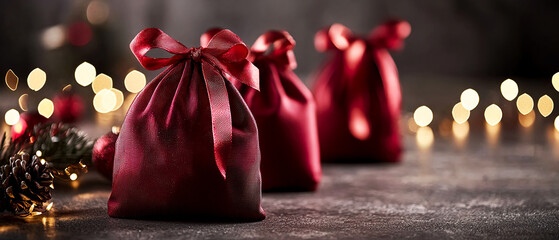Christmas composition with red gift bags, candles, ornaments, and festive decor on a warm surface. Cozy holiday still life  for Advent, greeting cards, and New Year design projects.