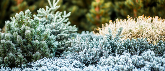 Macro winter  conifer texture with snow-covered green pine branches. Natural Christmas exterior background for landscape design, seasonal environment visuals, and clean outdoor holiday decorative elem