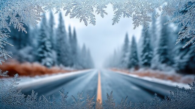 Icy forest road framed by frosted branches in winter mist
