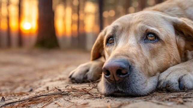 Sad Labrador retriever lying on forest ground at sunset - Powered by Adobe