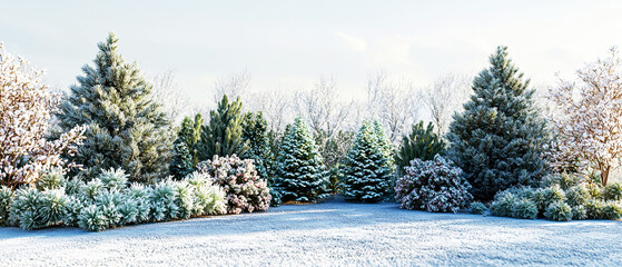 Winter landscape with rows of snow-covered fir trees under bright daylight. Calm outdoor scene symbolizing Christmas and nature beauty. Mock up  for design, greeting cards, or backgrounds.
