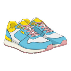 Colorful sneakers with blue, yellow, and pink accents, isolated on transparent background, perfect for athletic and casual wear
