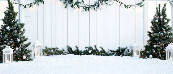 Outdoor winter porch decorated with pine branches, trees, garlands, and lanterns on a clean white house exterior. Festive and minimal Christmas background for seasonal branding or real estate visuals.
