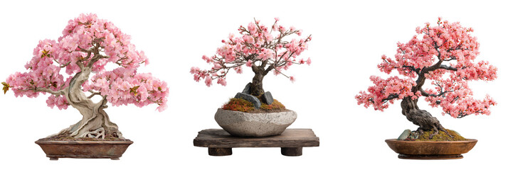 Set of A beautifully shaped bonsai tree with delicate pink flowers on transparent png background. Ai generated