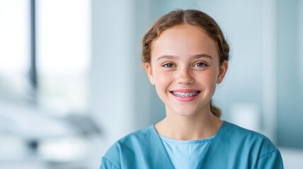 Smiling girl with braces at orthodontic clinic