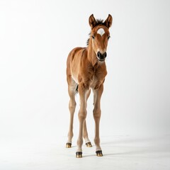 Obraz premium A charming newborn foal with soft brown fur stands alertly against a clean, bright white studio background, showcasing innocence and beauty ,animal ,fur ,innocent