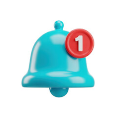 3d icon of a blue notification bell with a red circle and the number one isolated on transparent background
