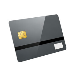 Sleek black credit card with a gold chip isolated on transparent background, perfect for financial themes