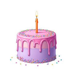3d delightful birthday cake with pink frosting and a single candle isolated on transparent background