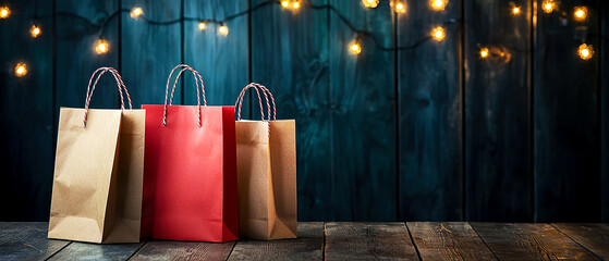 Stylish Christmas composition with red and gold gift bags on dark blue textured background. mockup for holiday cards, New Year promotions, packaging, and festive branding projects.