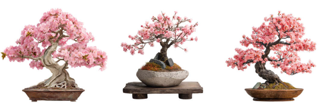 Set of A beautifully shaped bonsai tree with delicate pink flowers on transparent png background. Ai generated