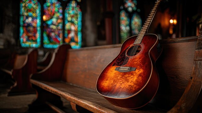 Acoustic guitar resting on church pew with stained glass background