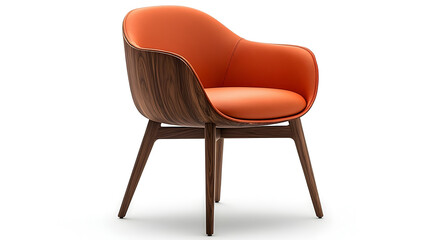 Modern orange upholstered armchair with dark wood frame and textured side panels isolated on white background